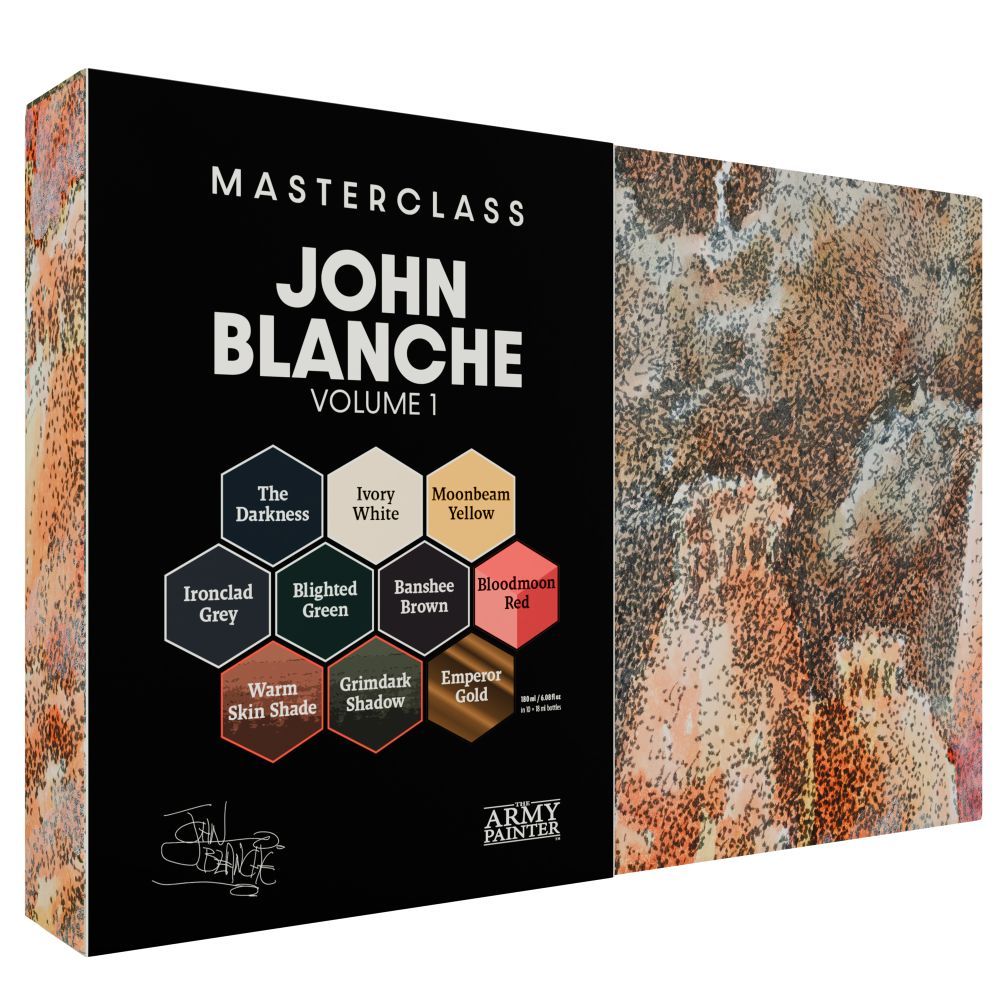 Masterclass John Blanche Volume 1 paint set box by Army Painter, displaying 10 hexagonal color swatches