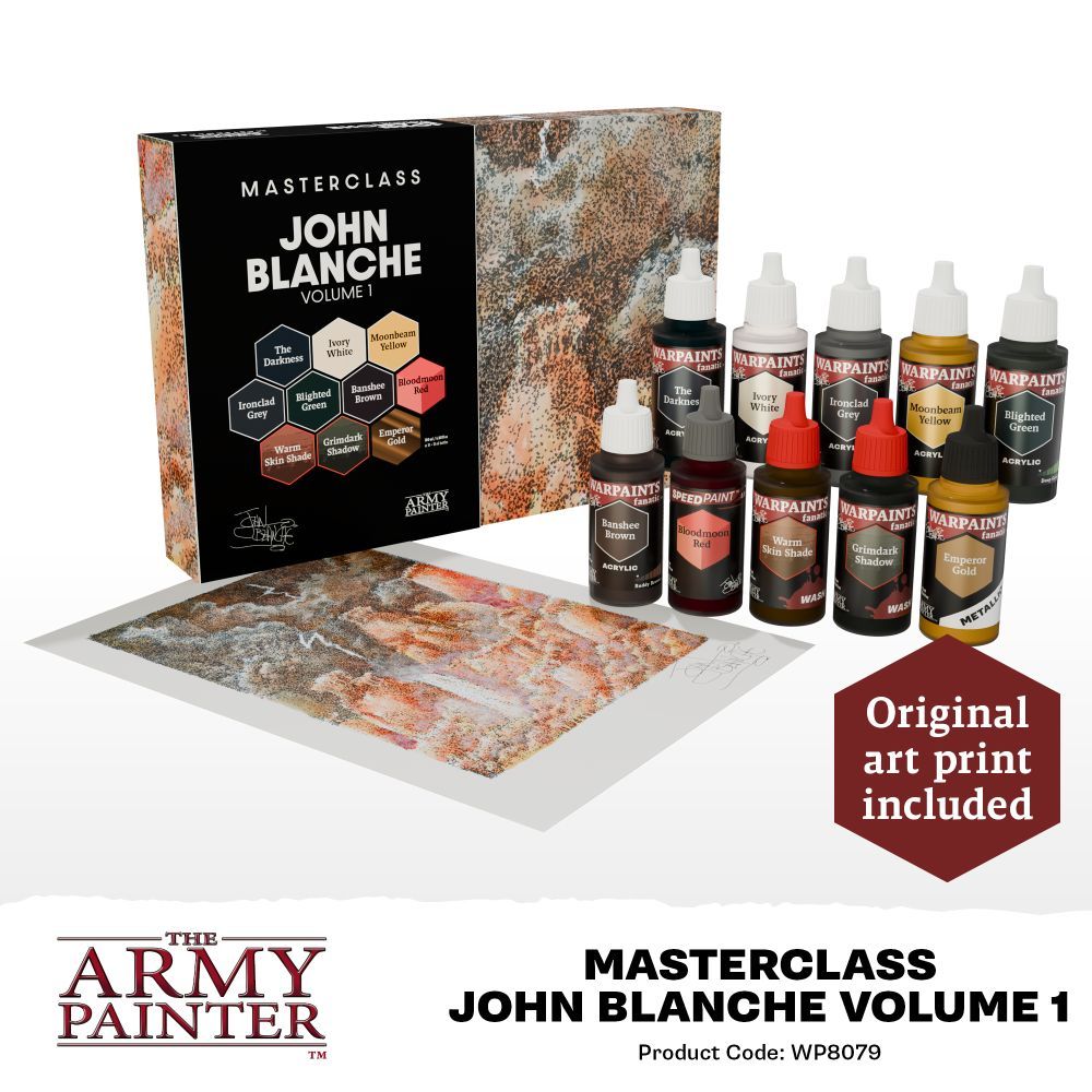 The Army Painter John Blanche Volume 1 Masterclass paint set: box, 10 bottles of paint, and included art print