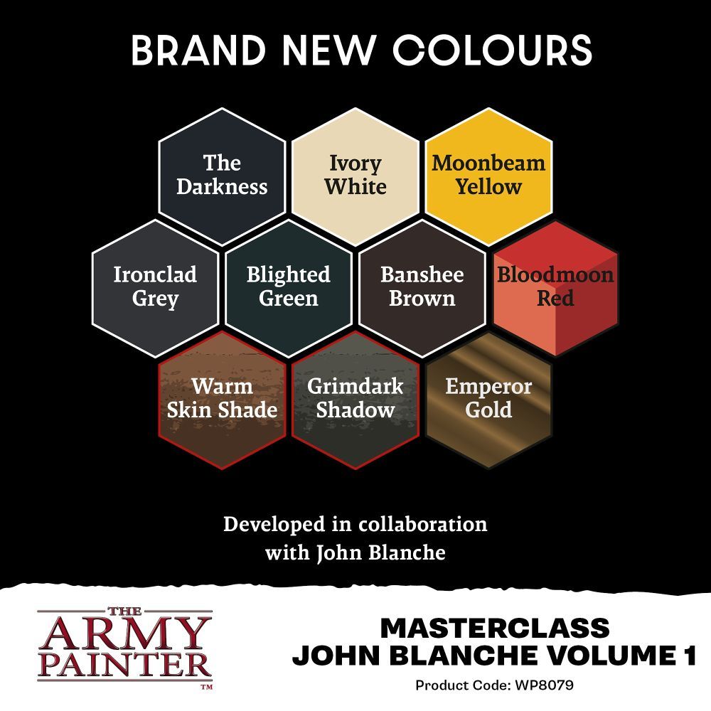 10 hexagonal paint swatches for The Army Painter Masterclass John Blanche Volume 1 set, showing new colors