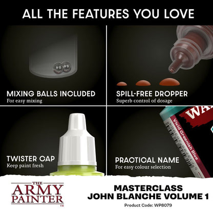Diagram showing features of Army Painter miniature paint bottles: mixing balls, spill-free dropper, twister cap, and clear color labels