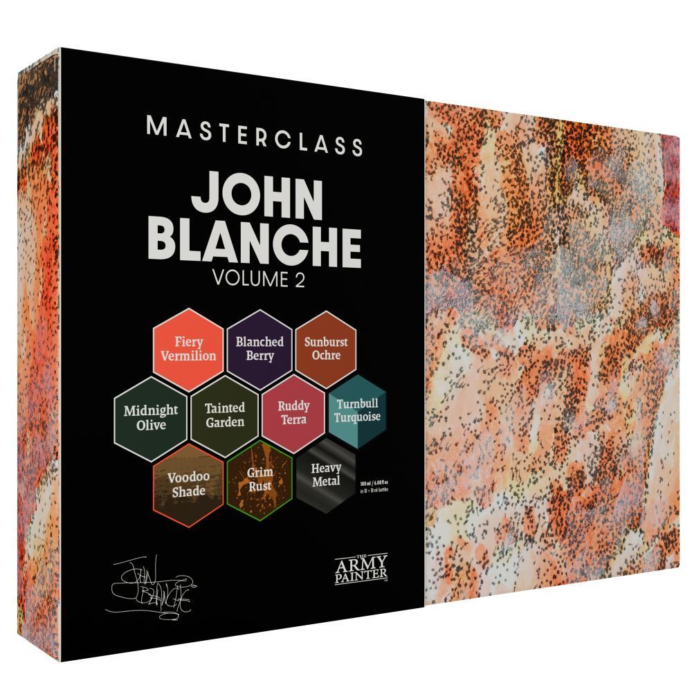 The Army Painter Masterclass John Blanche Volume 2 paint set box featuring 9 unique colors and abstract textured artwork