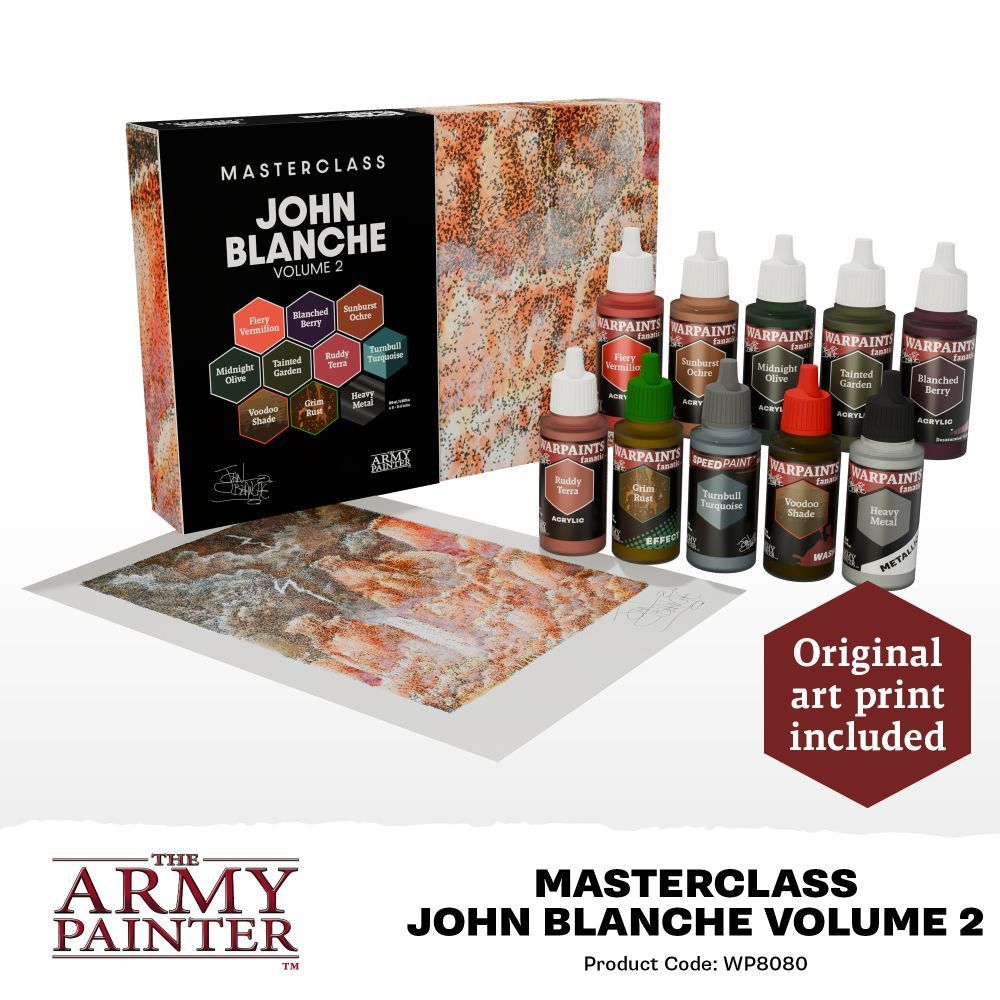 Army Painter John Blanche Volume 2 paint set: 10 bottles of acrylic paint, the product box, and an included abstract art print