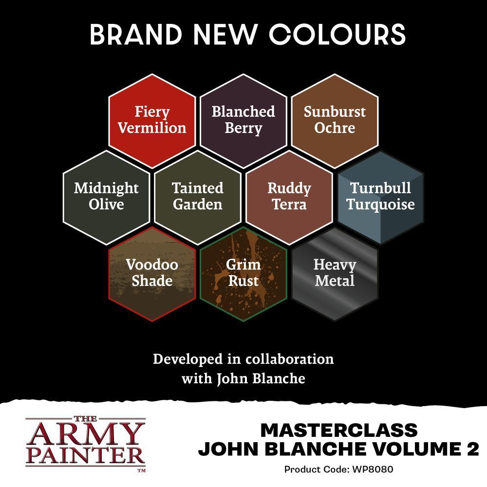 Nine hexagonal paint color swatches from The Army Painter Masterclass John Blanche Volume 2 set
