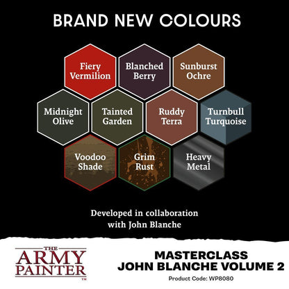 Nine hexagonal paint color swatches from The Army Painter Masterclass John Blanche Volume 2 set