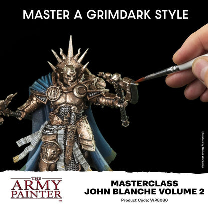A hand paints a highly detailed, golden-armored grimdark fantasy miniature figure using a fine brush