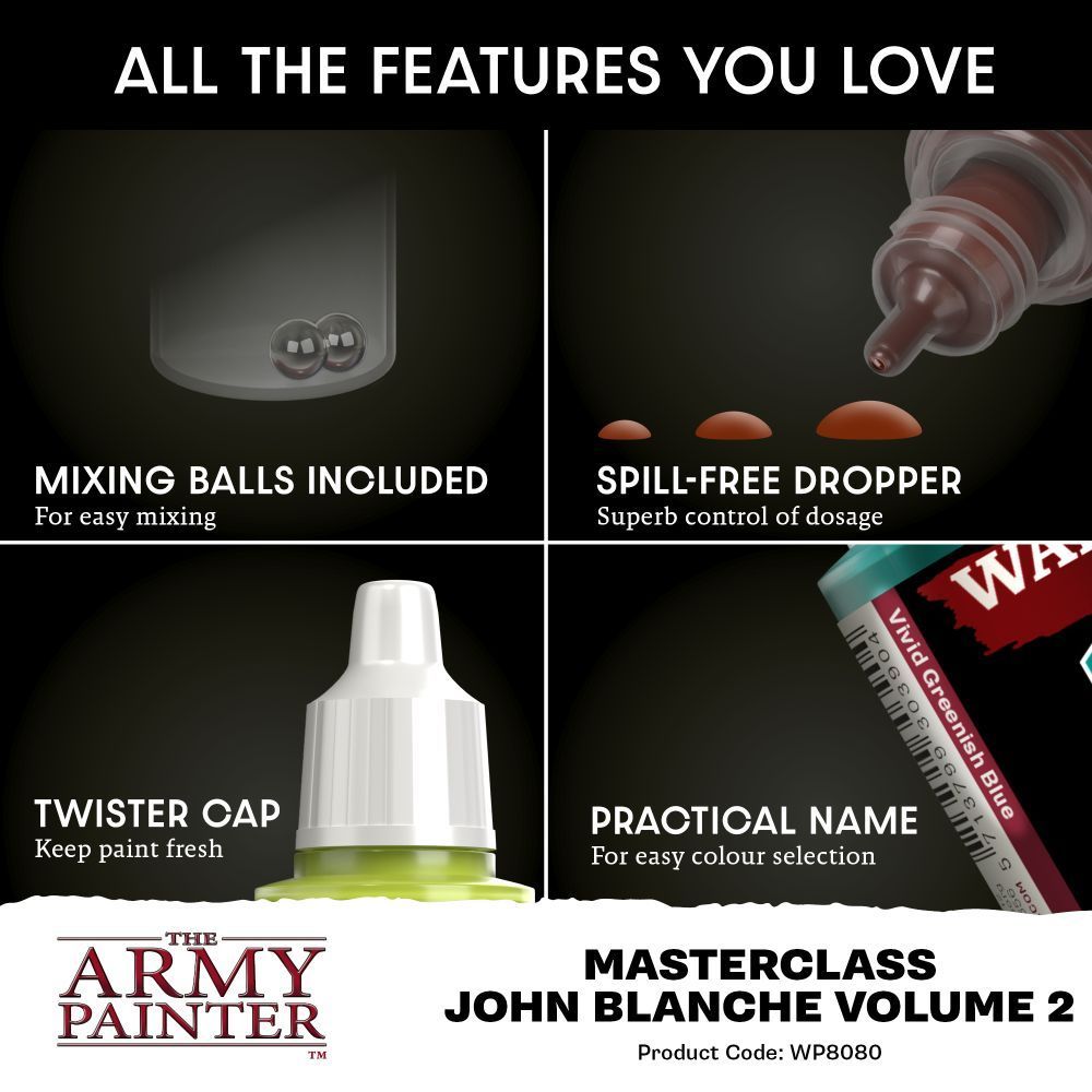 Diagram showing four key features of Army Painter miniature paint bottles: mixing balls, spill-free dropper, cap, and label