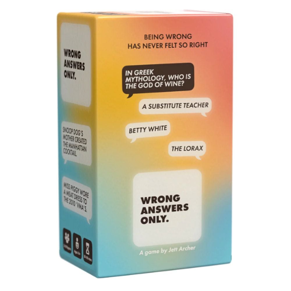 Box packaging for the card game "Wrong Answers Only," with a vibrant gradient and question examples