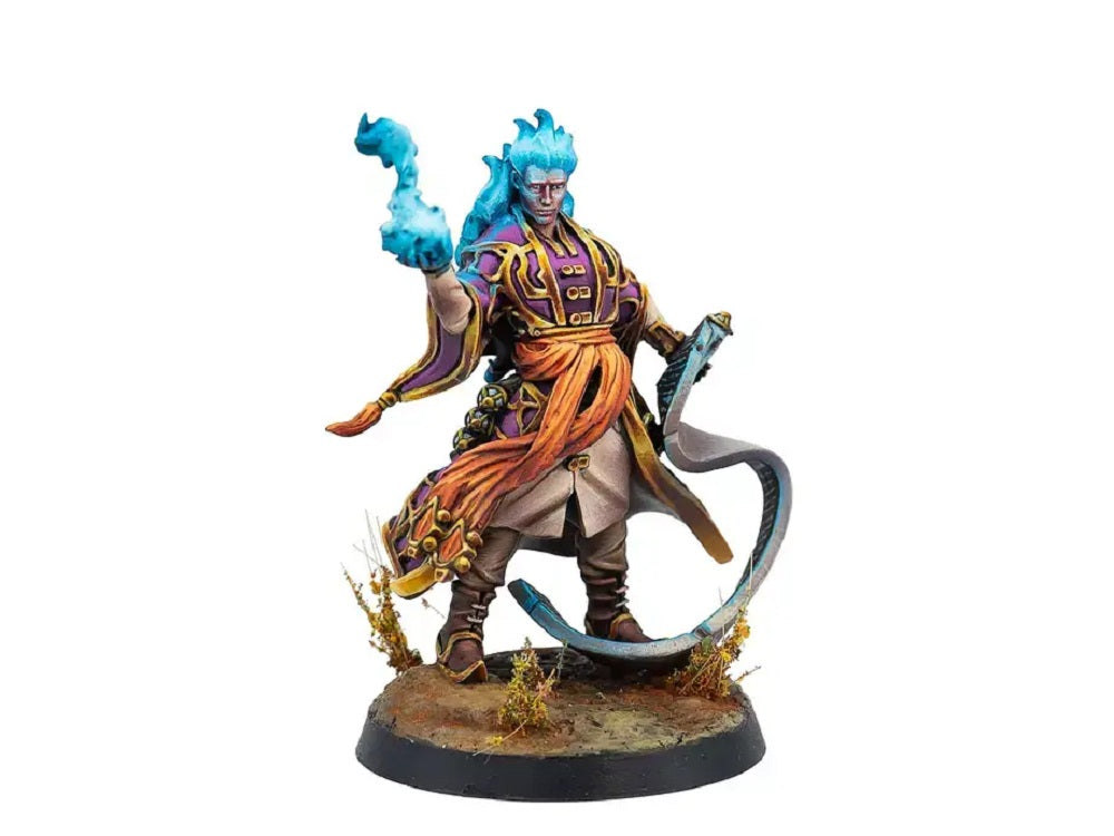 Ornate miniature wizard with glowing blue hair casting a blue spell and wielding a curved weapon