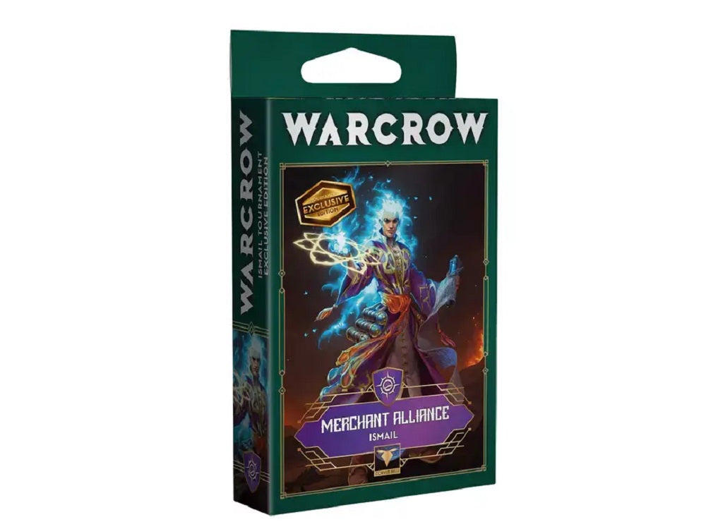 Warcrow Merchant Alliance Exclusive Edition box featuring the character Ismail, a white-haired mage casting blue energy