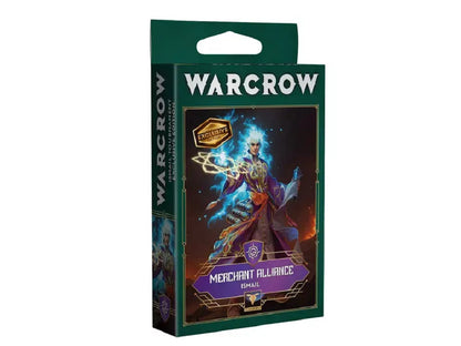 Warcrow Merchant Alliance Exclusive Edition box featuring the character Ismail, a white-haired mage casting blue energy