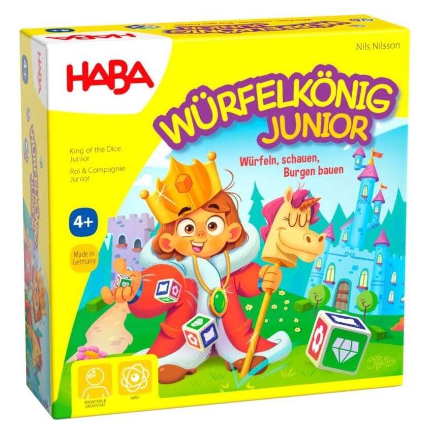 HABA Wurfelkonig Junior game box. Cartoon child king with crown, unicorn scepter, dice, and a castle background. Ages 4+.