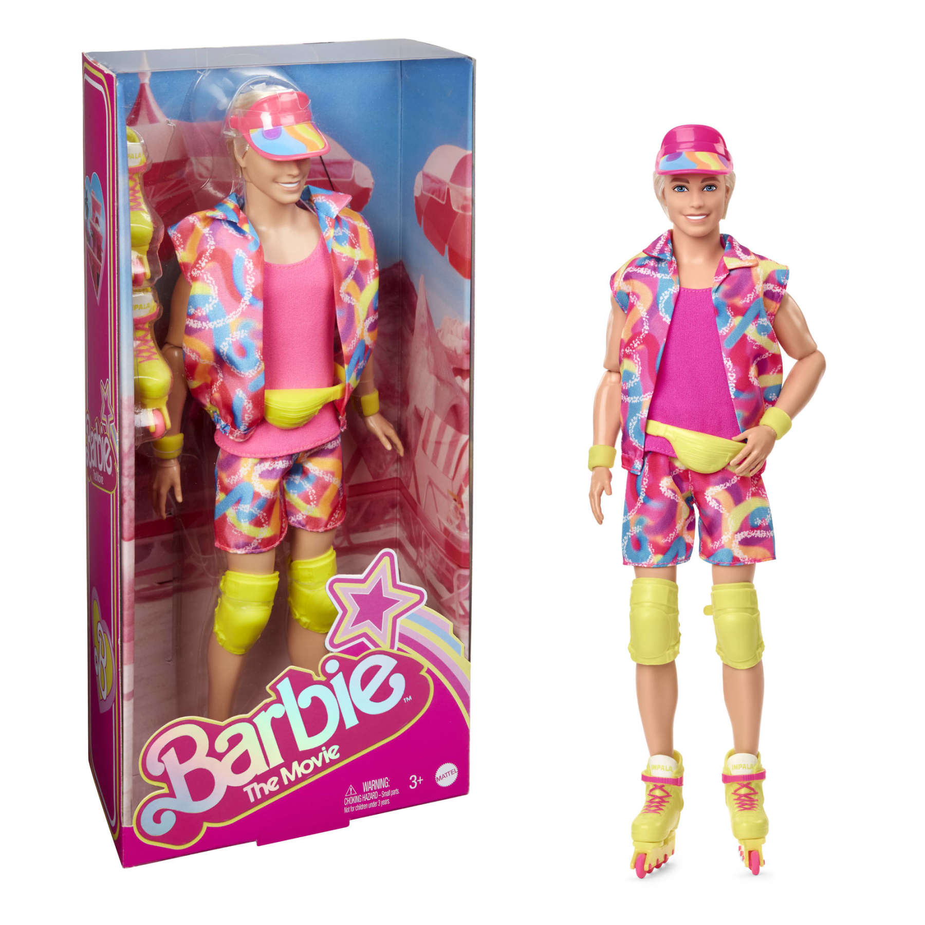 Ken doll from Barbie The Movie in a neon pink and patterned vest -  shorts -  visor -  fanny pack -  knee pads -  and roller skates