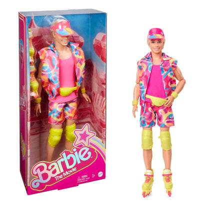 Ken doll from Barbie The Movie in a neon pink and patterned vest -  shorts -  visor -  fanny pack -  knee pads -  and roller skates