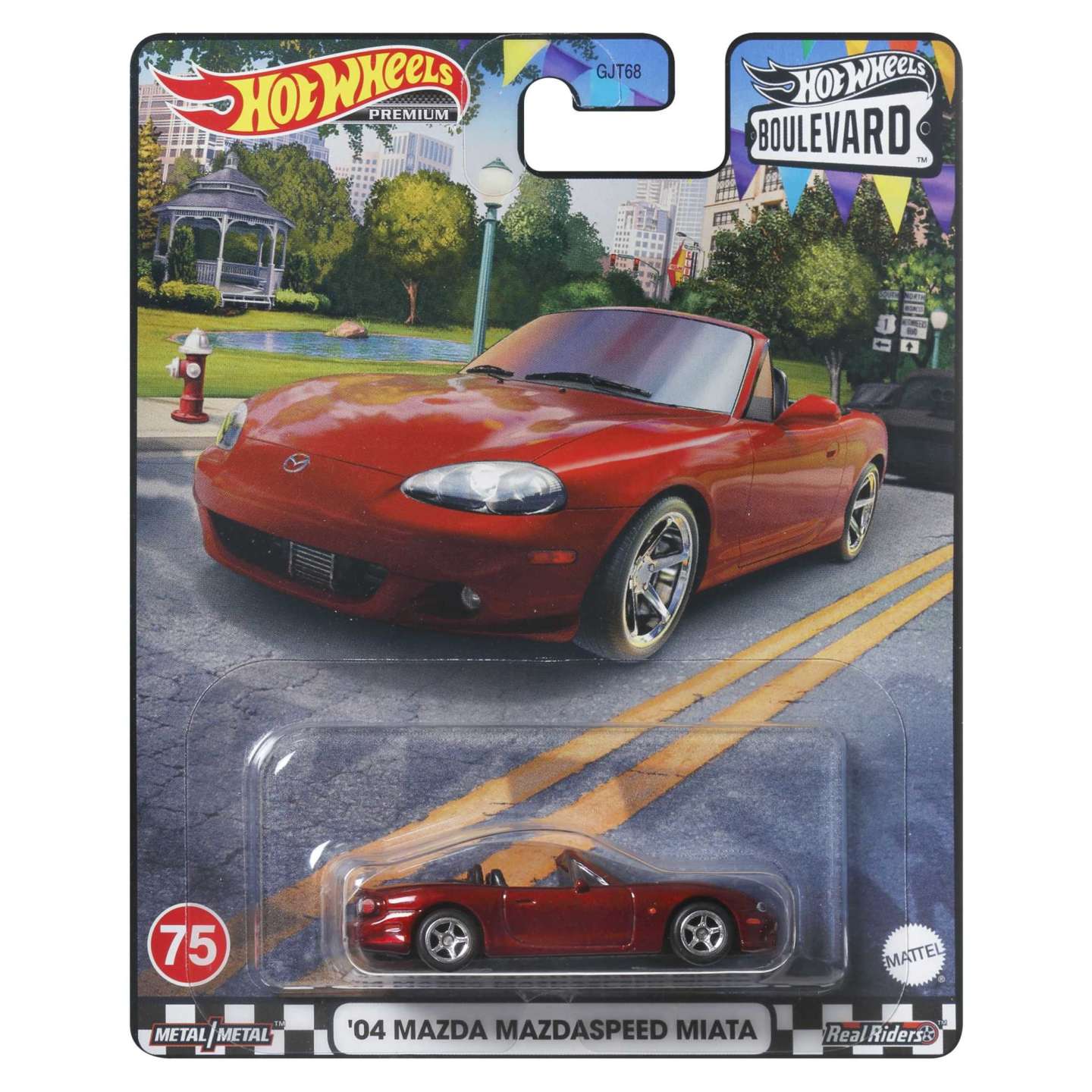 Hot Wheels '04 red Mazda Mazdaspeed Miata convertible in Boulevard series packaging, with a city park art background