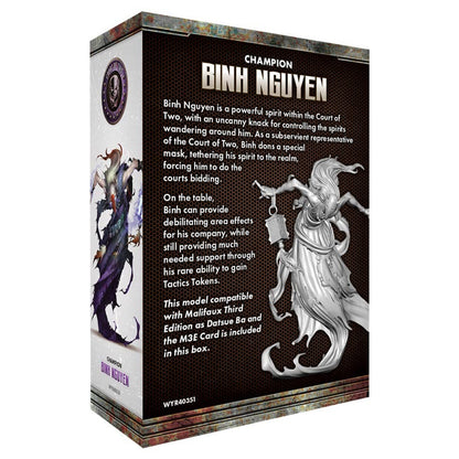 A product box for Binh Nguyen featuring a grey miniature of a flowing figure with a lantern and a dark, cloaked illustration of a spirit