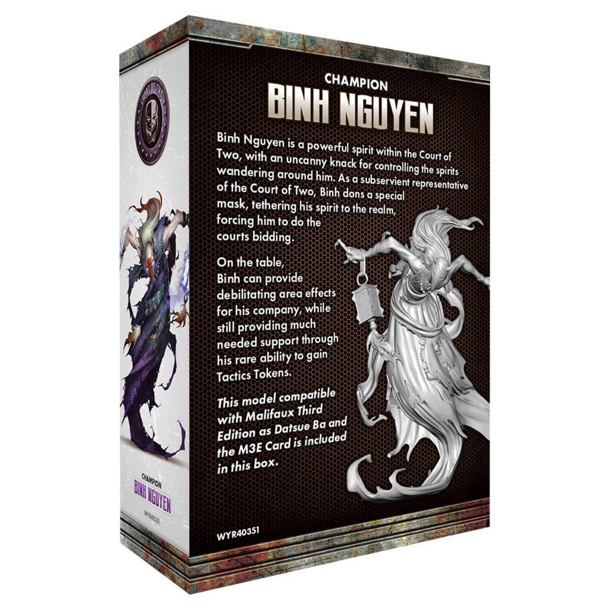 A product box for Binh Nguyen featuring a grey miniature of a flowing figure with a lantern and a dark, cloaked illustration of a spirit