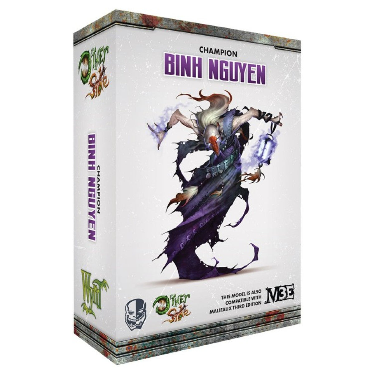 White game box featuring an illustration of Binh Nguyen, a character with long white hair, a tattered purple cloak, and glowing purple energy in hands and a lantern