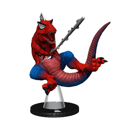Red and blue Spider-Rex action with sharp teeth, holding a web-shooter, on a clear base