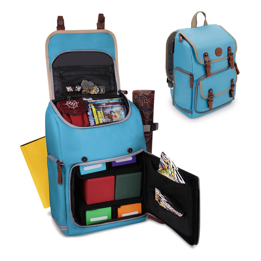 Open teal gaming backpack displays card decks, dice, and storage boxes, next to an identical closed backpack.