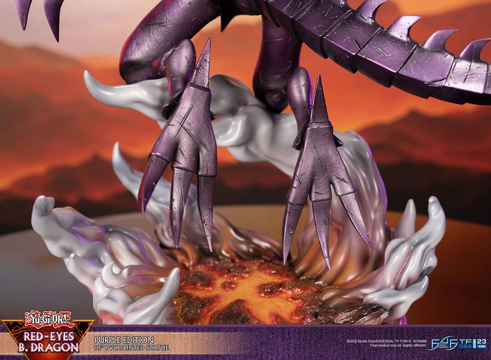 Yu-Gi-Oh! Red-Eyes B. Dragon Purple Edition statue, close-up of monster's purple claws and molten lava base with smoke effects