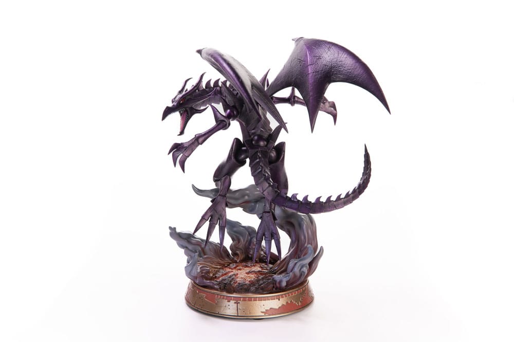 Back view of detailed collectible statue of a metallic violet winged dragon with an open mouth, standing on a fiery base