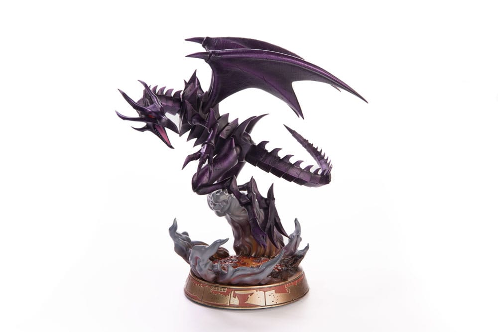 Detailed collectible statue of a metallic violet winged dragon with an open mouth, standing on a fiery base