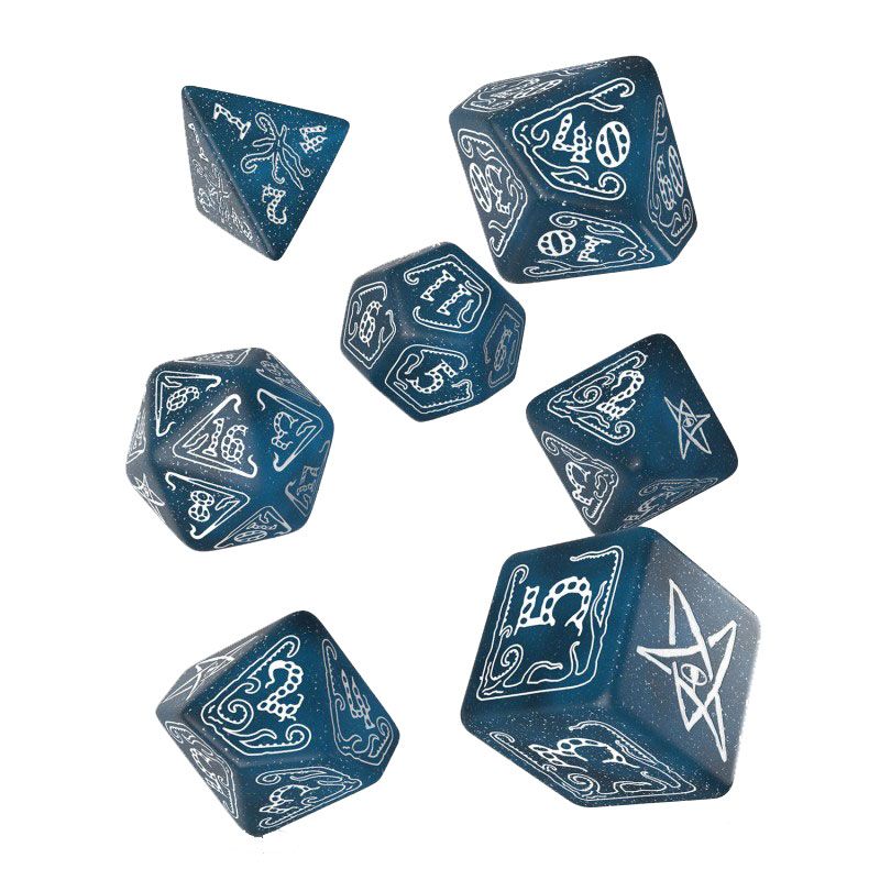 Set of 7 translucent blue dice with white celestial and cosmic symbols including a d4 d6 d8 d10 d12 d20 and percentile die for fantasy RPGs