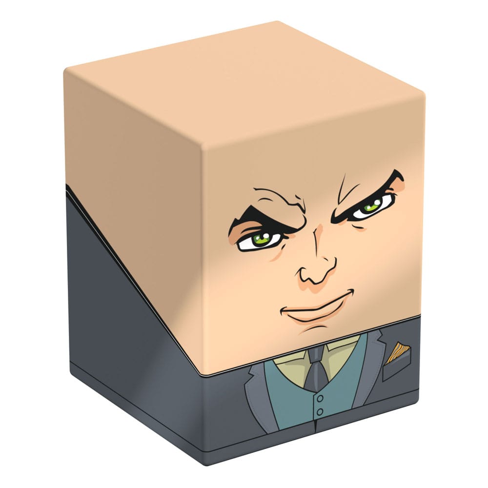 Blocky cartoon illustration of a bald man in a suit with intense green eyes and a smirk, printed on a cube object