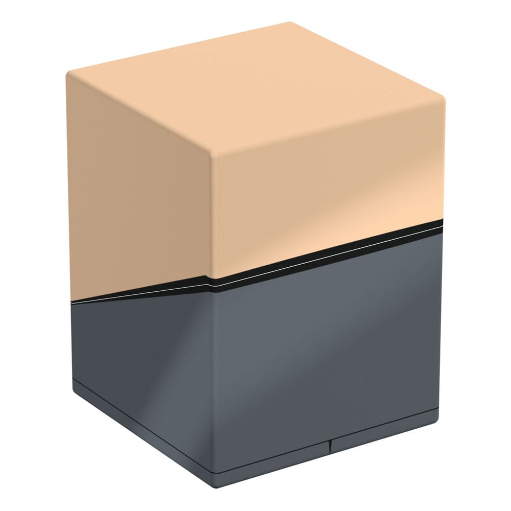 Two-toned cubic box, tan and dark gray, divided diagonally by a stripe