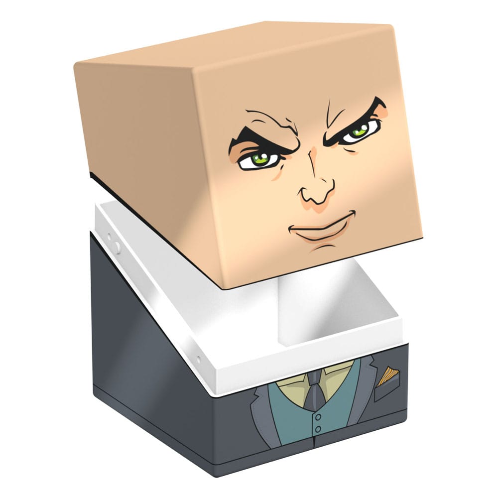 Open box designed as a character: the lid is a bald, menacing face, and the base is a gray suit