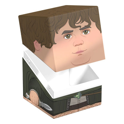 Collectible cube box, split open, showing a Hobbit's face on the lid and body holding a dagger on the base