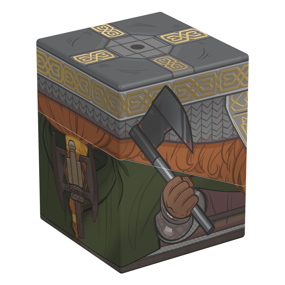Fantasy storage cube showing a dwarf warrior's armor and beard, holding a large battle-axe