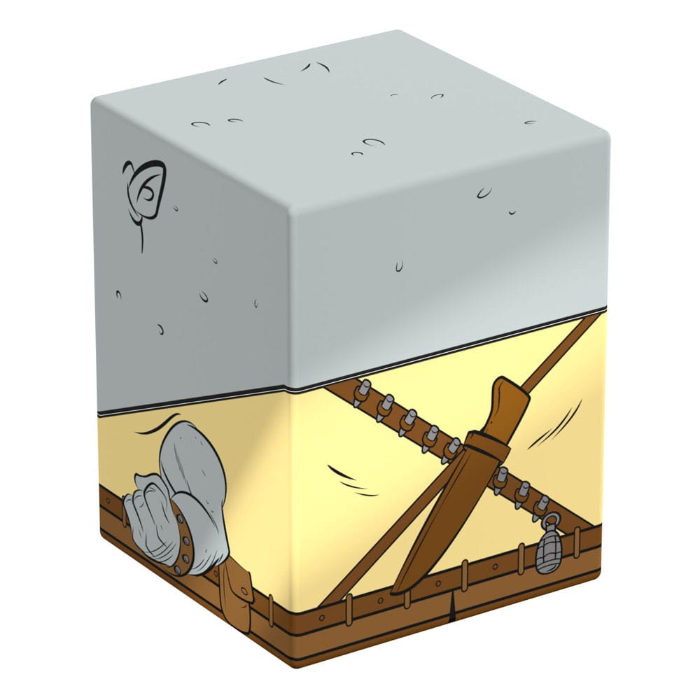 A cube-shaped box decorated with a soldier's torso, featuring a knife, grenade and armored hand
