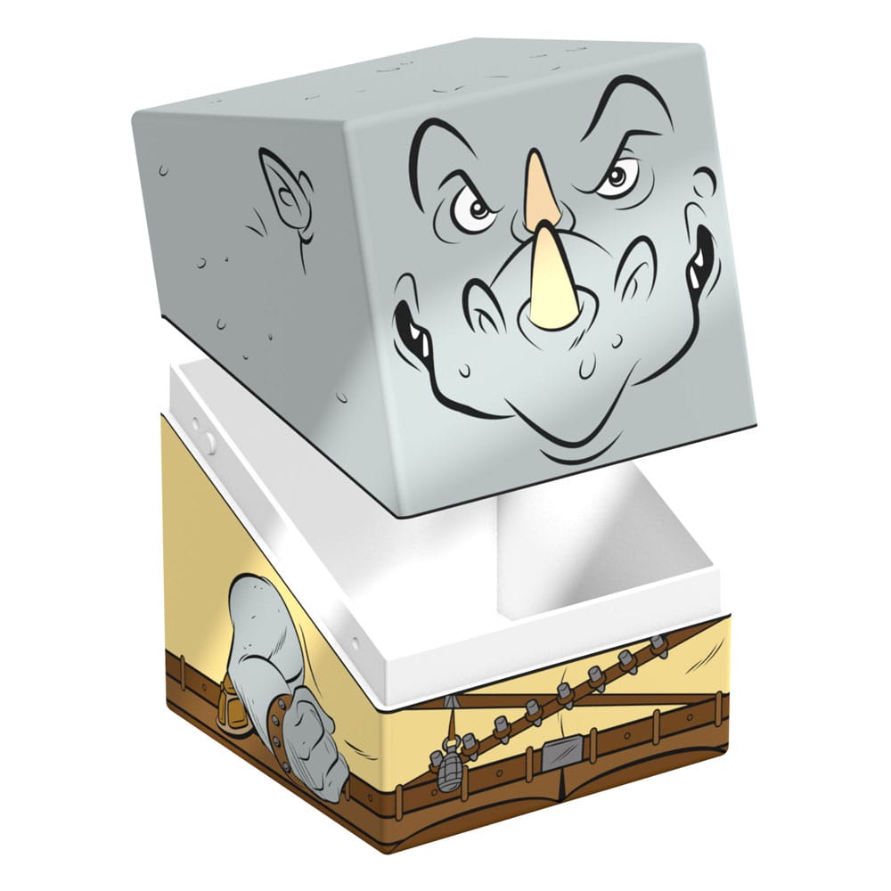 Stylized storage box with the lid raised, featuring a cartoon rhino face and a belted character body