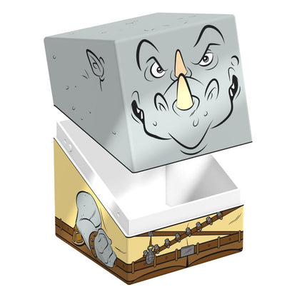 Stylized storage box with the lid raised, featuring a cartoon rhino face and a belted character body