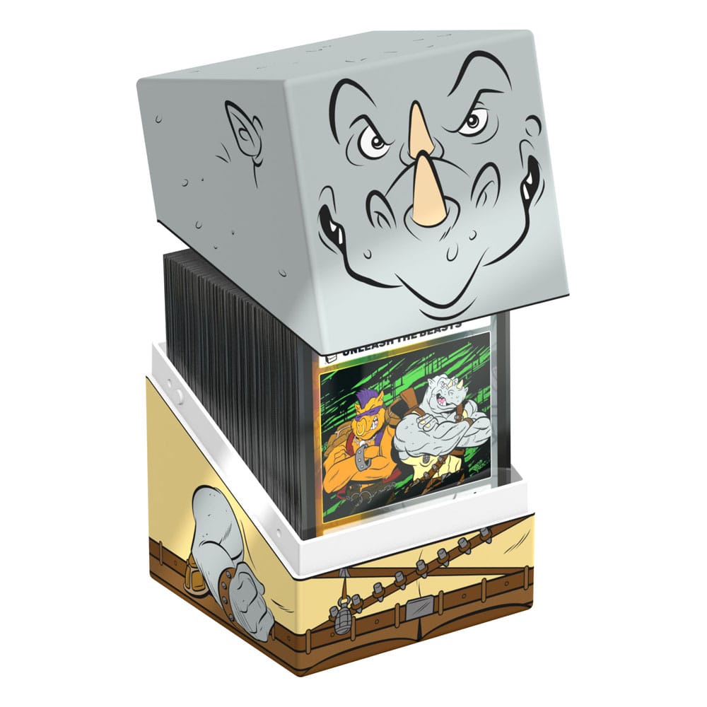 Rhino-themed deck box holding trading cards. The lid shows Bebop's face; the front card displays Bebop and Rocksteady