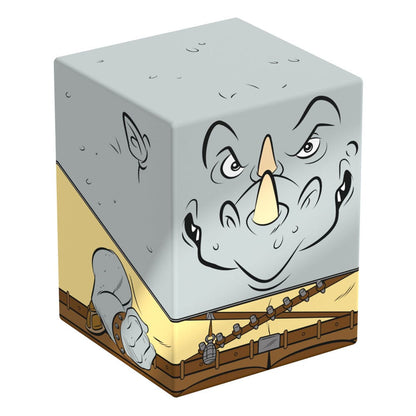 Cube object decorated with the angry face and tactical gear of the cartoon rhino villain, Rocksteady