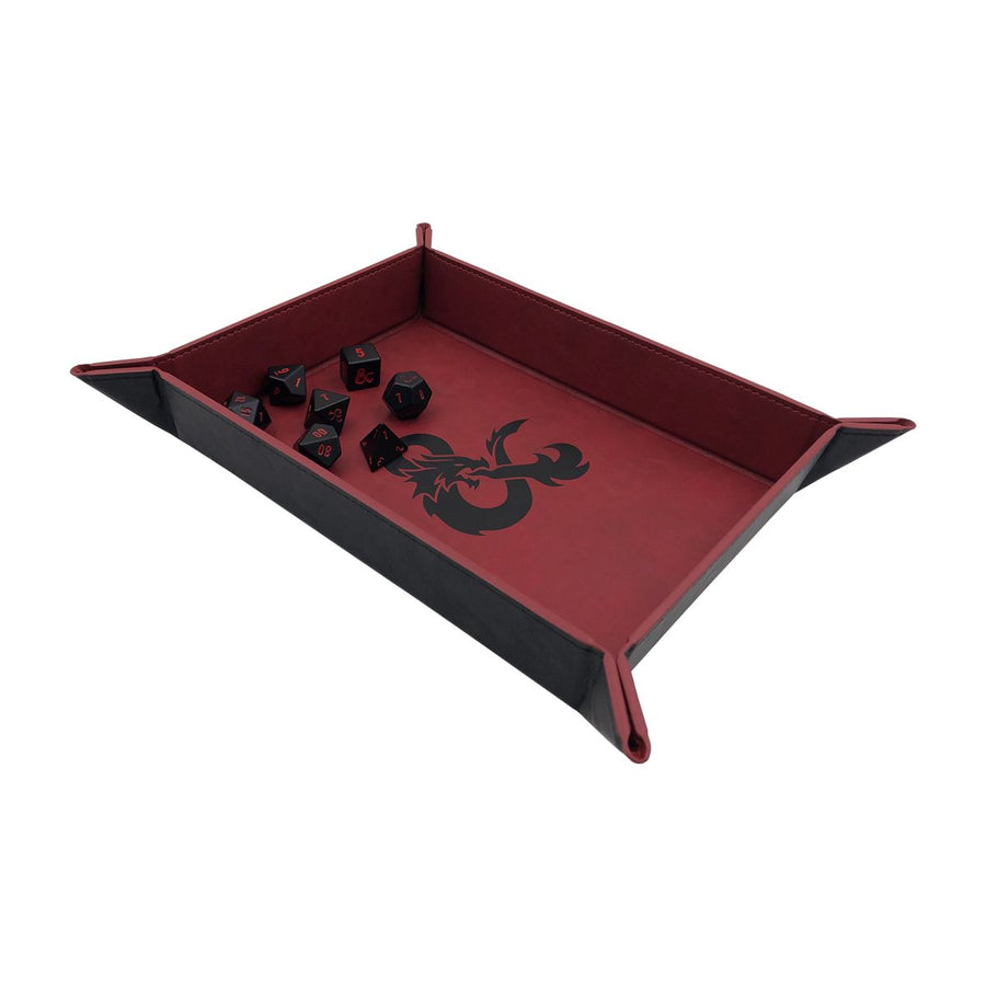 Black and red rectangular D&amp;D dice tray with a black dragon logo and black polyhedral dice inside