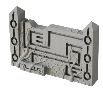 Terrain Crate Death World ruin section, gray 3D printed, with vines and geometric pattern