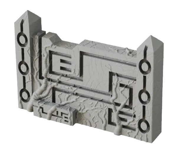 Terrain Crate Death World ruin section, gray 3D printed, with vines and geometric pattern