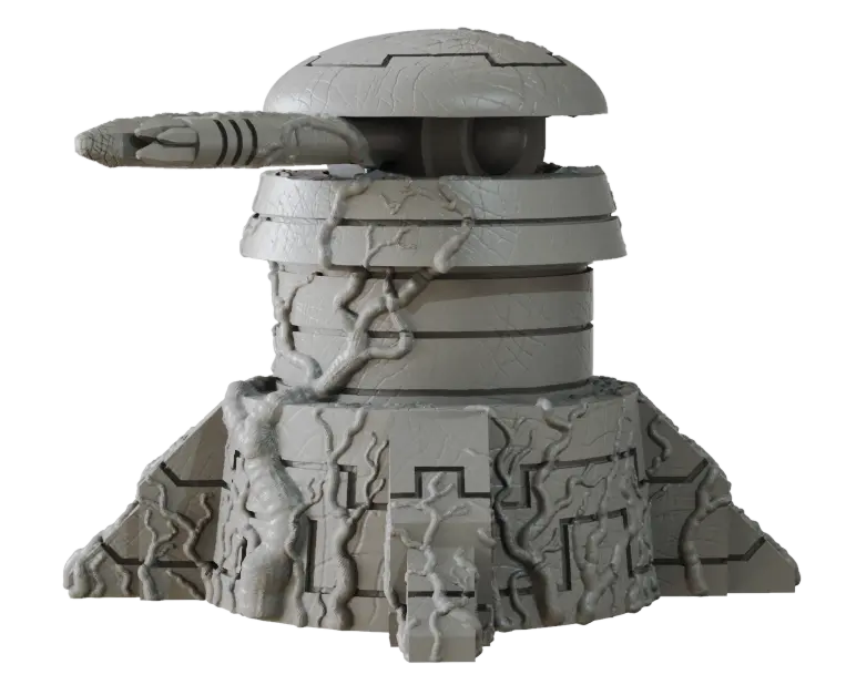 Terrain Crate Death World Turret, weathered grey plastic, gnarled vine detail, alien sci-fi terrain piece
