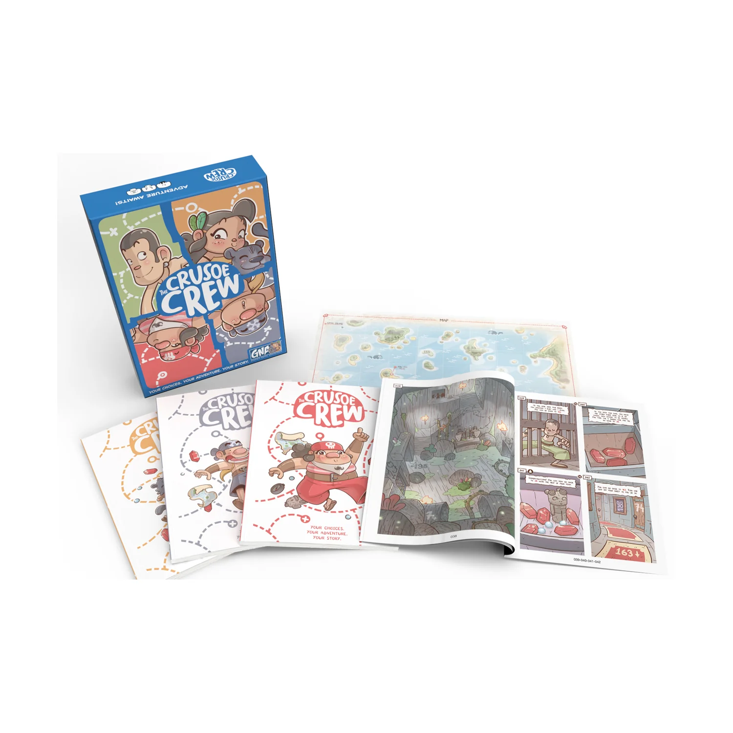 The Crusoe Crew board game displayed with its blue box, fanned comic-style rulebooks, an open comic showing game art, and a map