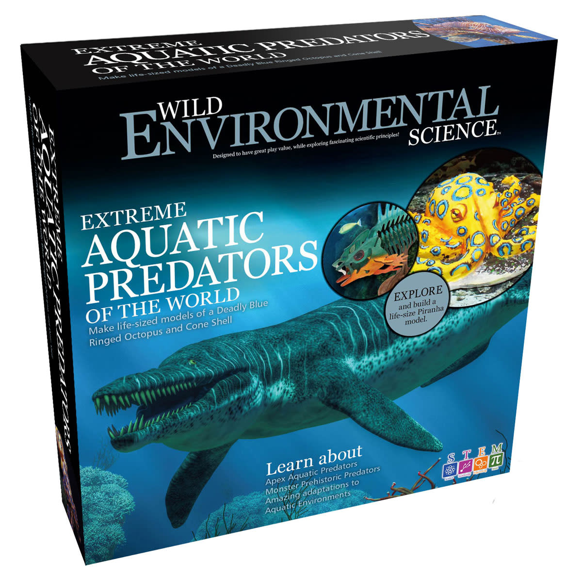 Science kit box for "Extreme Aquatic Predators," featuring a prehistoric marine reptile, octopus, and piranha