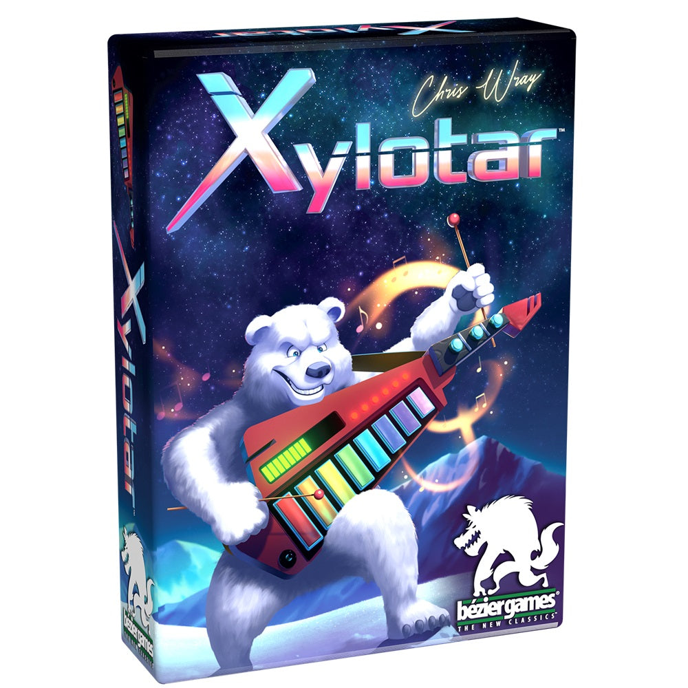 A smiling polar bear playing a colorful keytar-xylophone with a mallet against a cosmic background on the Xylotar game box.