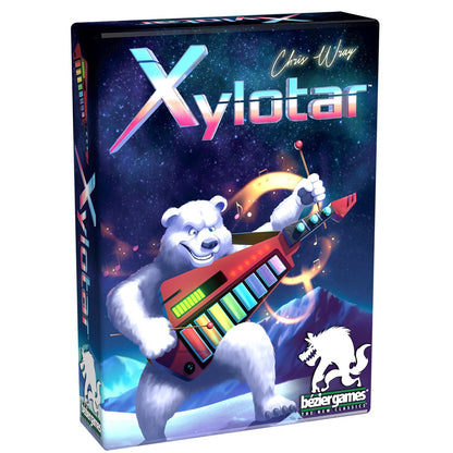 A smiling polar bear playing a colorful keytar-xylophone with a mallet against a cosmic background on the Xylotar game box.