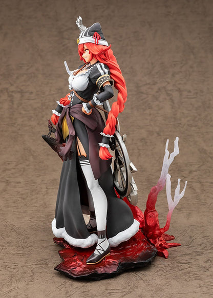 Anime figure of a red-haired woman in a black dress, a large weapon on her back, standing on an organic red base