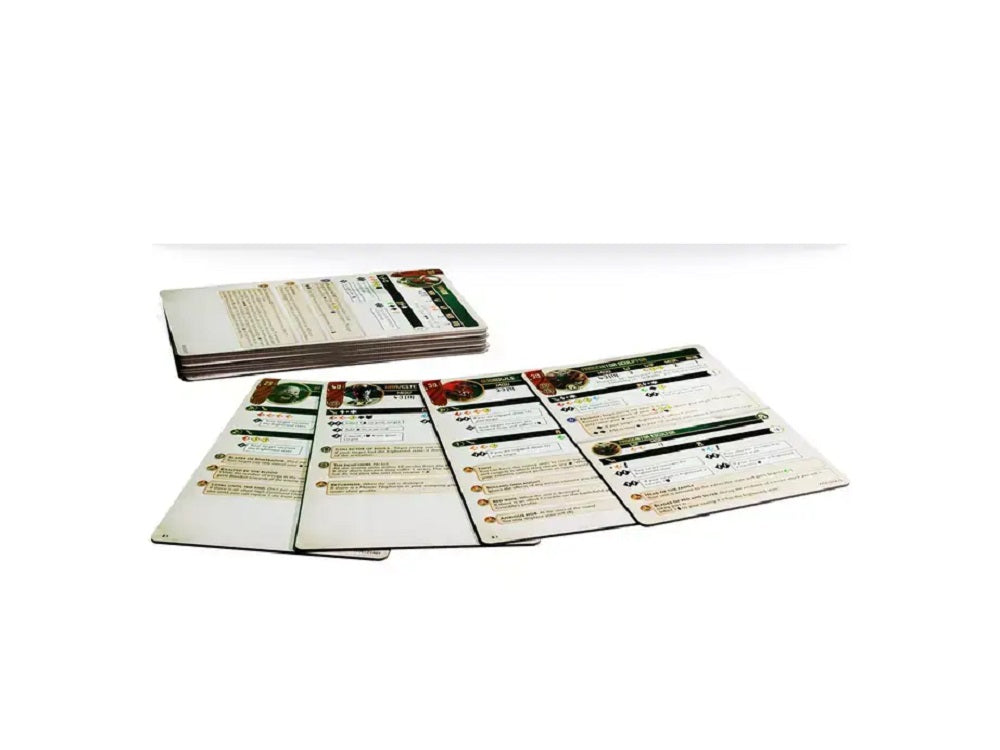 Stacked and fanned board game component cards displaying rules and stats on a white background