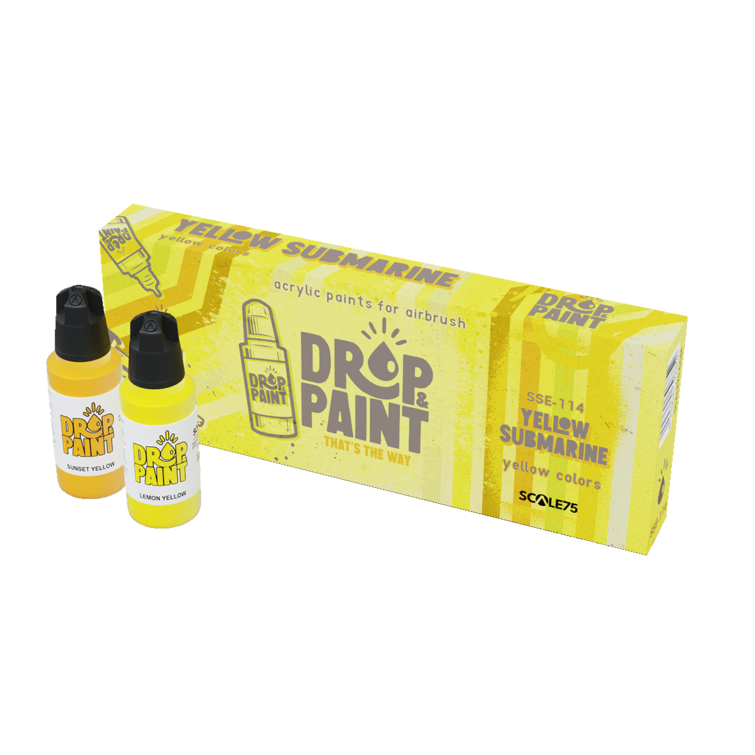Yellow Submarine Drop & Paint airbrush acrylic paint set with Sunset Yellow and Lemon Yellow bottles
