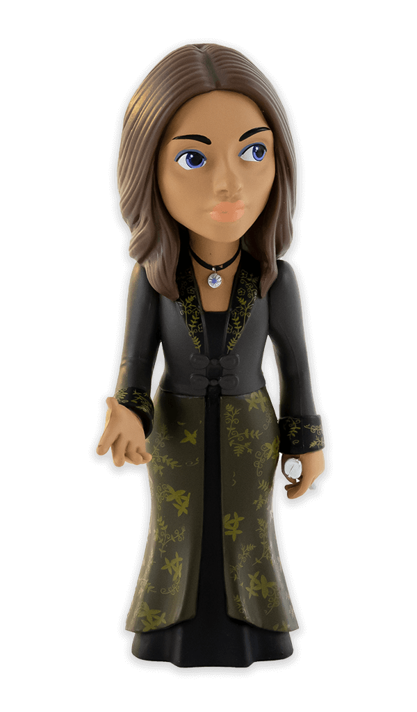 Minix The Witcher Yennefer vinyl figure depicting Yennefer in a dark green dress with gold leaf patterns and holding a silver dagger