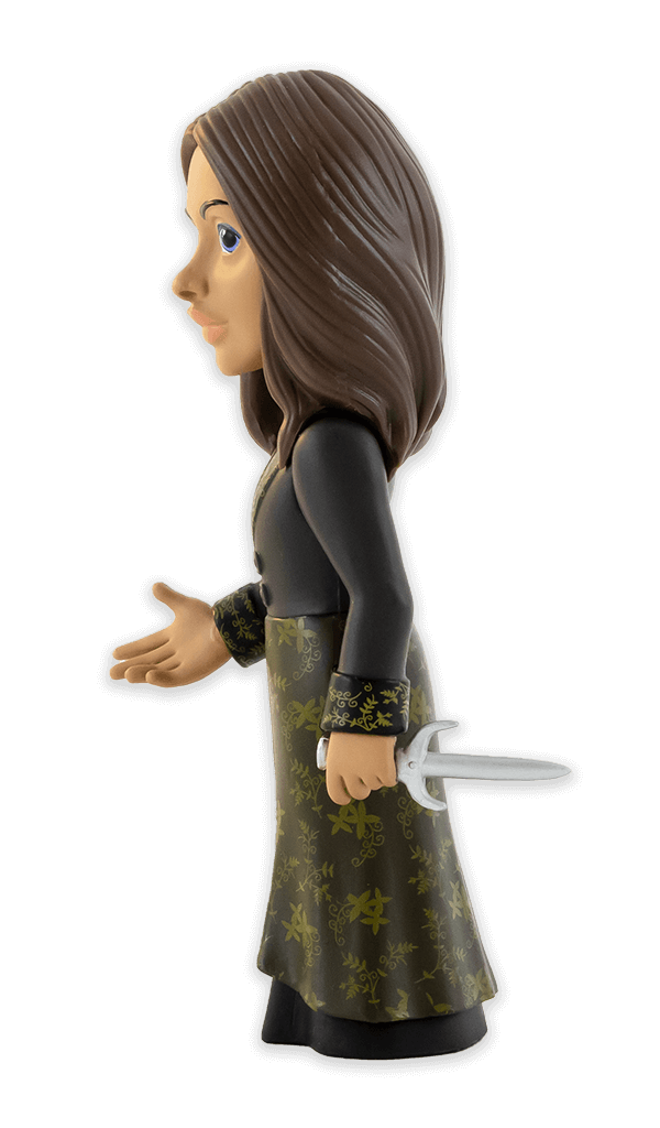Side view of Minix The Witcher Yennefer vinyl figure depicting Yennefer in a dark green dress with gold leaf patterns and holding a silver dagger